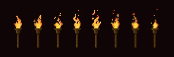 卡通像素化的火炬火焰动画8位像素的艺术游戏 具有明亮黄色火焰和飞红火花的复古视频游戏 火光精灵框架的矢量效应 — 图库矢量图片