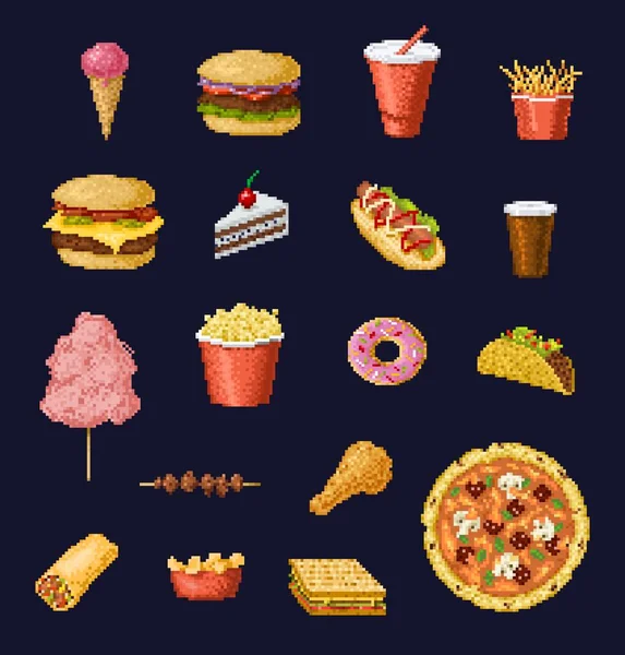 8位像素的艺术快餐和饮料矢量图标复古视频游戏集 汉堡包和三明治 汉堡包 鸡腿和蛋糕 玉米卷 甜甜圈 苏打水或冰淇淋 — 图库矢量图片