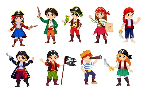 Мультфильм Счастливый Улыбающийся Мальчик Девочка Пираты Дети Корсары Векторные Иконы — стоковый вектор