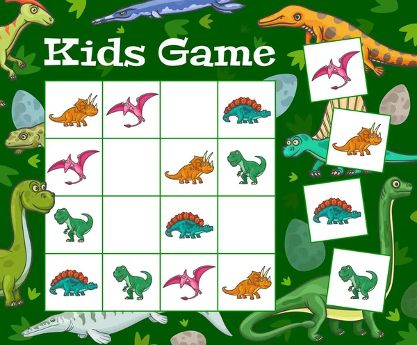 数独ゲーム漫画恐竜と卵 チェックボード上のディノ文字を持つ子供のベクトルの謎 教育課題 先史時代の動物と子供のクロスワードティーザー 赤ちゃんのレジャーのためのボードゲーム — ストックベクタ