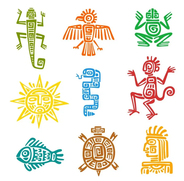 Mayan Aztec Totem Isolated Vector Symbols Animals Birds Ancient Mexican — Stock Vector