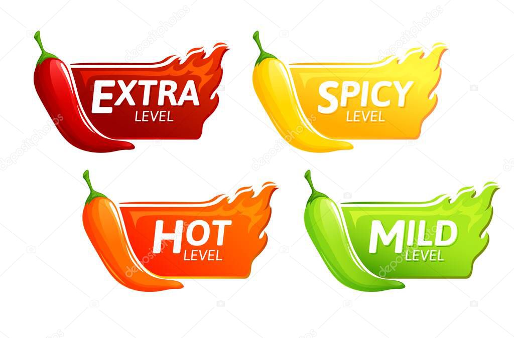 Spicy level hot chili red pepper, cayenne, jalapeno icons with fire flames. Vector spicy food level emblems collection, extra, spicy, hot and mild strength of sauce or snack food isolated set