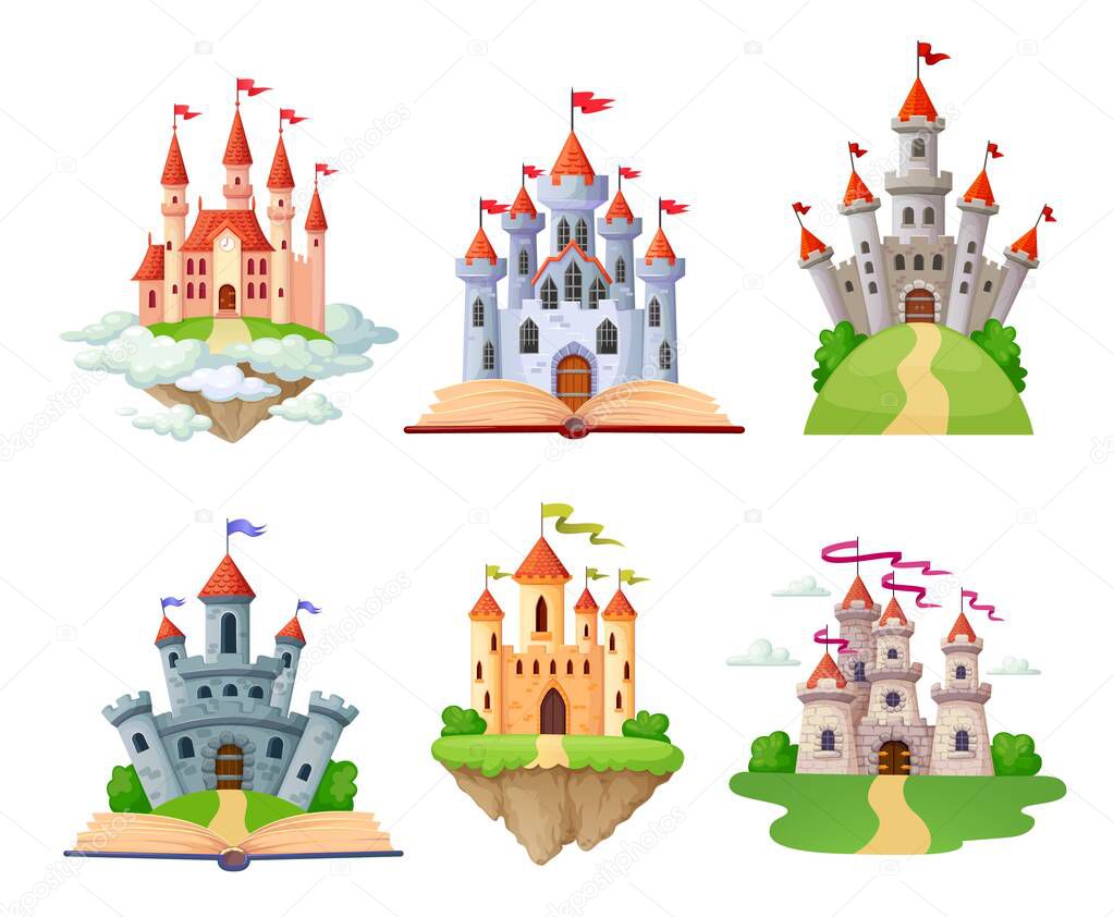 Cartoon fantasy castles set, fairytale isolated castle or palace with towers, vector medieval fort or fortress. Fairy tale kingdom house building, castles with flags on books or sky clouds