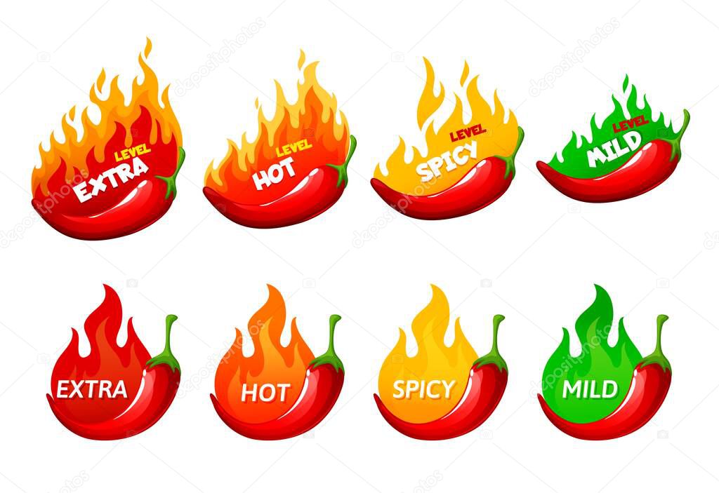 Hot spicy level labels, vector icons chili pepper, cayenne or jalapeno with red, yellow, orange and green fire flames. Extra, spicy, hot and mild strength of sauce or snack, savory food scale emblems