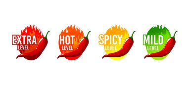 Acılı baharatlı etiketler, acı biberli, orta boy ve ekstra baharatlı yemek tadında, vektör ölçeğinde. Acı baharatlı etiketler, yanan ateş ve acı biber, jalapeno veya acı sos.