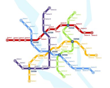 Metro, metro, yeraltı ulaşım sistemi vektör haritası. Metro istasyonları, renkli tren yolları ve tünel ağları, metro şehir haritası, şema ya da diyagram şablonu ile demiryolu taşıma planı