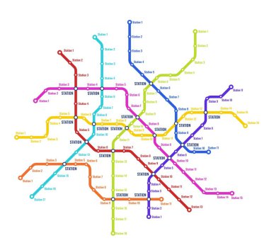 Metro, metro, yeraltı ulaşım sistemi vektör haritası. İstasyonlu demiryolu nakliye hattı planı, renkli tren yolları ve tünel şebekeleri, metro
