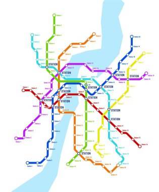 Metro, metro, yeraltı ulaşım sistemi vektör haritası. Metro istasyonları ile demiryolu nakliye hattı planı