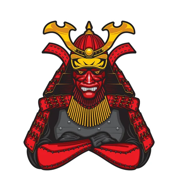 日本の武士の戦士のマスコットや入れ墨 伝統的な赤い服 鎧や金の装飾的な要素を持つヘルメットで日本の兵士と絶縁ベクトルエンブレム アジア文化 将軍男性キャラクター — ストックベクタ