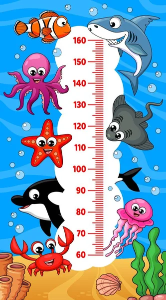儿童身高图表与水下卡通海生动物和矢量尺厘米比例尺 以可爱的鲨鱼 蟹和章鱼为蓝海背景的儿童生长措施贴纸 — 图库矢量图片