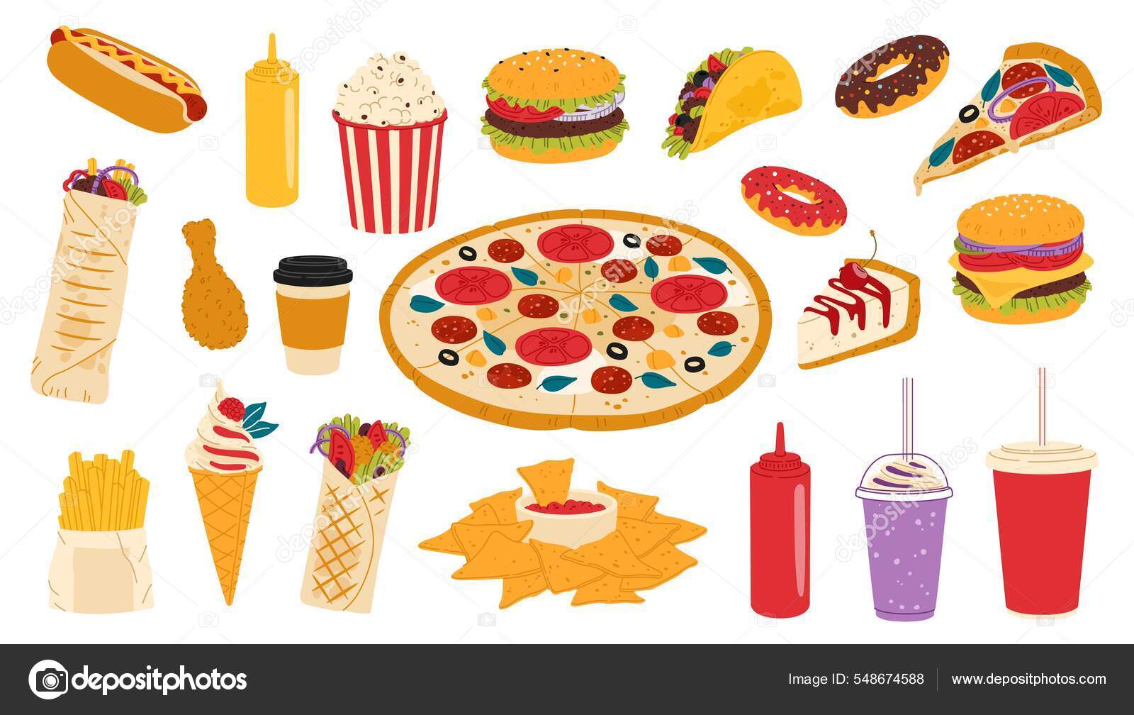 Comida Rápida Takeaway Cachorro Quente Estilo Plano Pipoca Hambúrguer Taco  Vetor de ©Buchandbee 548674588, image size:1600x1008