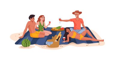 Plaj pikniğinde genç çiftler. İnsanlar plajda dinleniyor, abur cubur yiyor, şarap içiyor ve deniz kıyısında sohbet ediyorlar. Mutlu erkekler ve kadınlar yaz tatilinde piknik yapıyor ya da tatil seyahatinde