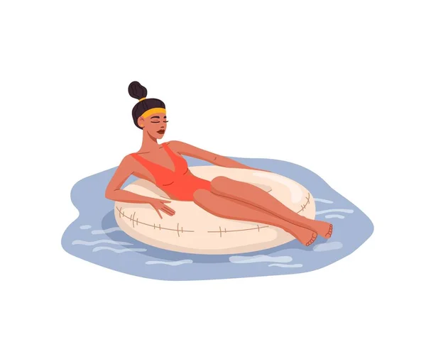 フロートでリラックスした女性がリングを泳ぐ プールでの休暇の水泳 休息やインフレータブルリングやマットレスの水の波の上で夢のフラットスタイルの女性 夏の旅行と水のレジャー ビーチアクティビティ — ストックベクタ