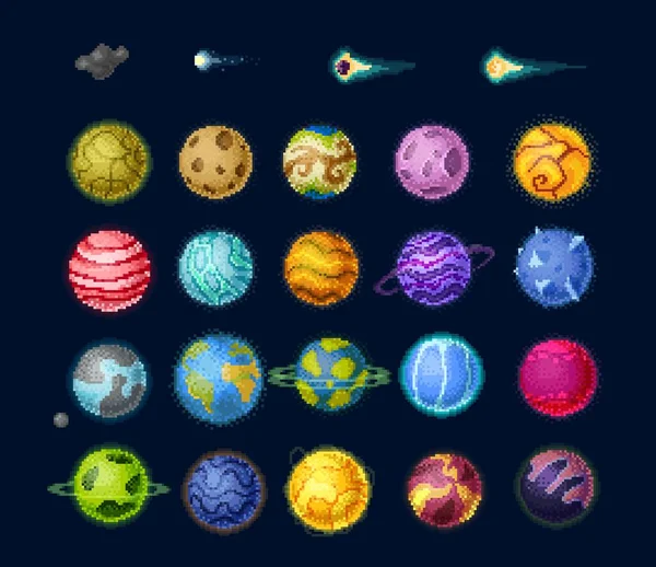 Pixel Planetas Espaciales Juego Estrellas Asteroides Cometas Sistema Solar Vectorial — Vector de stock