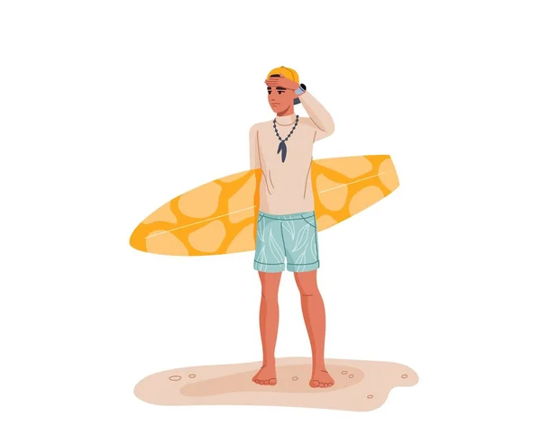 サーフボードの若い男だ 10代の男の子サーファーフラットベクトル文字のビーチに立って サーフボードを保持し 額で手で距離を調べる 夏の旅行と休暇のサーフィン活動 — ストックベクタ