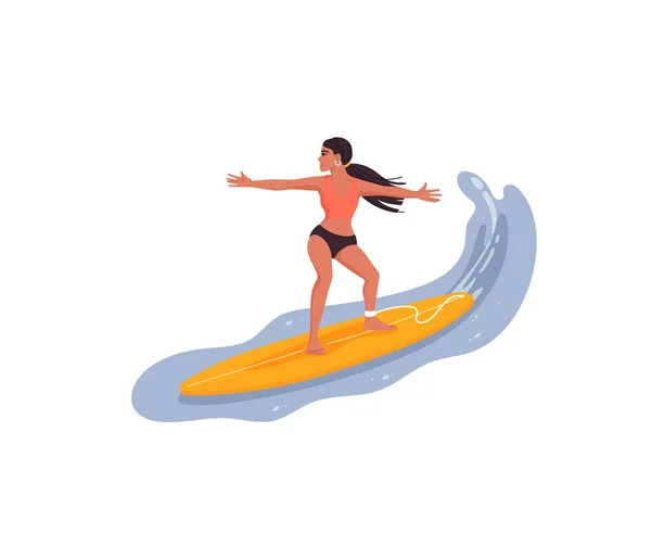 サーフボードの波の上の若い女性 海の少女孤立ベクトル文字でサーフィン サーファーの女性がボード上に立って 波に乗る ビーチでの夏休みの屋外活動 — ストックベクタ
