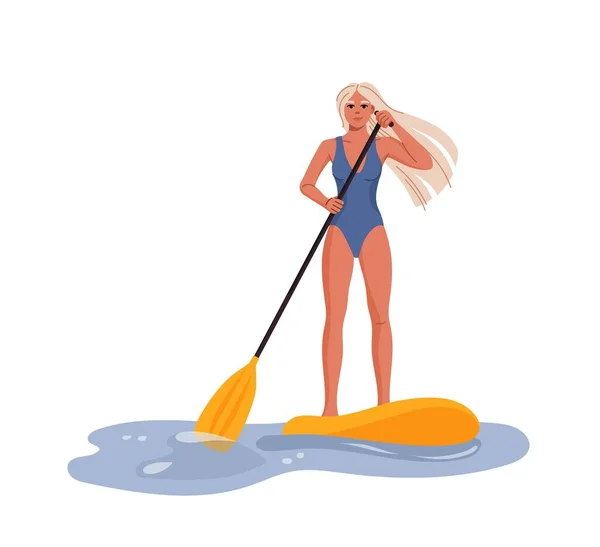 若い金髪の女性が乗ってる サーフボード サーファーのキャラクターに立ってパドルとフラットスタイルベクトルの女の子 夏休みやウォータースポーツでのSupスタンドアップパドルボードアクティビティやパドルサーフィン — ストックベクタ