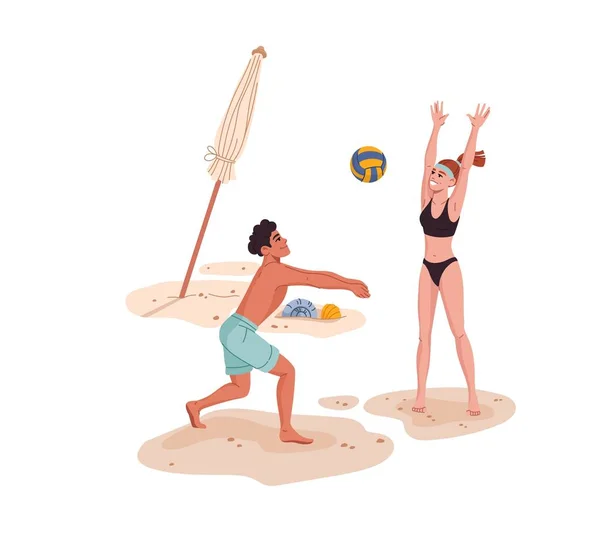 少年少女はバレーボールをしている ビーチでバレーボールをしているビキニ姿の若者や 海岸で遊ぶ人たち 夏休みのスポーツゲーム レジャーの活動とフィットネス — ストックベクタ