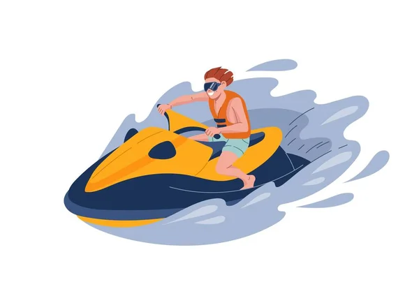 Fröhlicher Mann Fährt Jetski Sommerurlaub Freizeit Extreme Wassersportarten Und Strandaktivitäten — Stockvektor