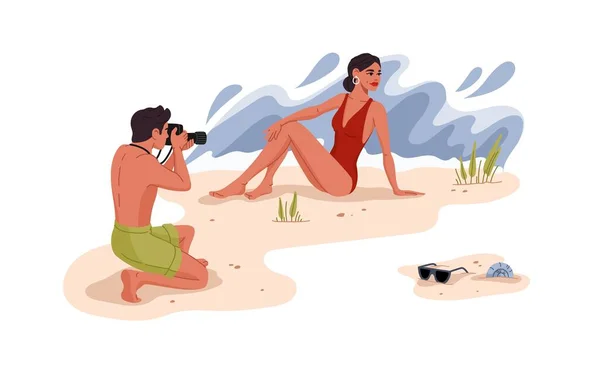 男はビーチで女性を撮影します ビーチフォトセッション中にポーズをとる水着姿の女性 観光客や休暇旅行で写真を撮るカップル 旅行の思い出ベクトルフラットシーン — ストックベクタ