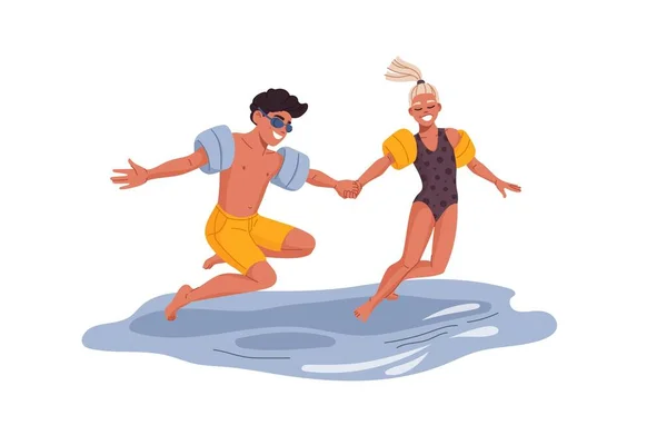 Boy Girl Jump Sea Young Man Woman Wearing Inflatable Swimming Royalty Free Stock Vectors