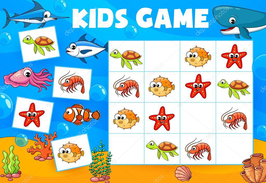 Underwater cartoon animals sudoku game vector worksheet, block puzzle, riddle or quiz on blue sea background. Kids education maze with funny whale, sea turtle, shrimp or prawn, clownfish and starfish