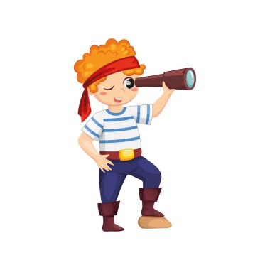 Çizgi film korsanı dürbün arıyor. Karnaval kostümlü, kırmızı bandana ve deri çizmeli, gülümseyen çocuk korsair. Mutlu çocuk korsan, izole edilmiş beleşçi ya da Picaroon kişisi