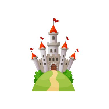 Yeşil tepedeki ortaçağ kalesi karikatür kraliçesi ya da kral sarayında kuleler, kapılar ve kırmızı bayraklar var. Vector Cinderella fantezi kalesi, gri taşlı bina. Prensesin kraliyet kalesi.