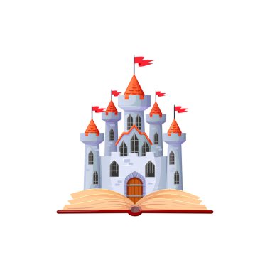 Peri masalı prenses şatosu masallarıyla izole edilmiş saray ya da kırmızı bayraklı kale, tuğla kuleli çizgi film binası. Vektör mimari kalesi, masallardan dönen prenses prens.