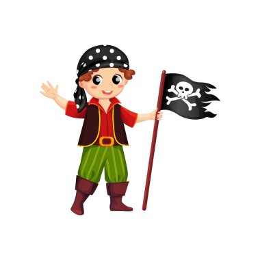 Çizgi film korsanı elinde siyah bayrak tutuyor. Cadılar Bayramı karnavalı kostümlü mutlu çocuk korsair. Kafasında bandana olan vektör çocuk korsan şahsiyet. Ayrı bir bebek, parti elbisesi içinde.