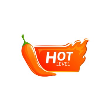 Portakallı orta boy acı biber baharatlı amblem, karikatür etiketi. Vektör fast food çeşnisi, kırmızı biber ve yanan ateş, vejetaryen yemek aroması ölçeği, şili, alev ve Meksika 'nın ateşli yemekleri.