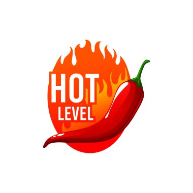 Kırmızı biberli baharatlı yiyecek etiketi turuncu ateş alevi üzerinde karikatür etiketi fast food aperatifleri, baharat ısısı derecesi. Vektör jalapeno aperatifi, lezzet göstergesi, baharat gücü, sos sosu çeşni işareti.