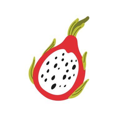 Siyah çekirdekli ejderha meyveli pitaya yalıtılmış tropikal yiyecek tatlısı. Vektör olgun pitahaya, sulu tropikal meyve, pithaya, egzotik tropikal ejderha meyvesi. Vejetaryen yemekleri, market ürünleri.