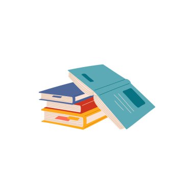 Ayırt edilmiş düz çizgi film stili okuma kitapları olan renkli ciltlerle dolu ders kitapları. Vektör öğrenme ve bibliyografi nesneleri, okul eğitim materyalleri, bilgi kaynağı