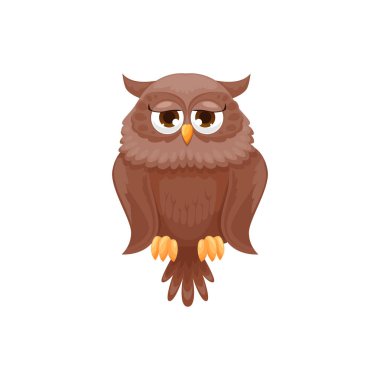 Bilge baykuş kahverengi akıllı kuş çizgi filmini izole etti. Vektör uçan hayvan, bilgeliğin en iyi öğretmen ödüllü sembolü, şirin baykuş. Renkli tüylü ahır, uzun kulaklı ve kanatlı kartal baykuş ve büyük gözler.