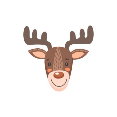 Geyik ya da geyik boynuzlu şirin hayvan yüzlü izole düz çizgi film kafası. Vektör geyik avı spor maskotu, çizgi film ren geyiği komik çocuksu maske. Sevimli çizgi roman emojisi tasarımı, boynuzlu geyikli avatar.