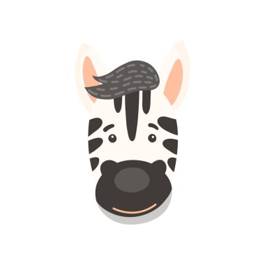 Zebra çizgili şirin hayvan yüzü izole edilmiş düz çizgi film başı. Vektör komik çocuksu maske, vahşi yaşam at karnaval kostümü. Çizgili zebra portresi, Afrika fauna memelisi. Sevimli çizgi roman emojisi