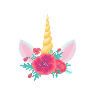 Boynuzlu, çiçekli ve kulaklı tek boynuzlu at kafası düz çizgi film ikonu. Çiçek desenli, yeşil yapraklı kırmızı gelincikler, altın eşsiz boynuz, saç dekoru.