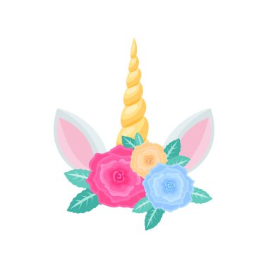 Altın boynuzlu tek boynuzlu karikatür kafası, renkli gül çiçekleri, izole edilmiş bir çift kulak çizgi film ikonu. Eşsiz boynuzu olan sevimli sihirli at, kız saçı süsleme elementi. Romantik buket