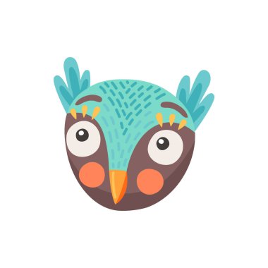 Sevimli baykuş kafası, yaban baykuşu bilge kuş yüz ifadeleri izole edilmiş. Vektör tüylü hayvan düz çizgi film kafa maskesi. Vektör ahır baykuşu, büyük gözlü uzun kulaklı kartal. Vahşi orman yırtıcı kuşu maskotu