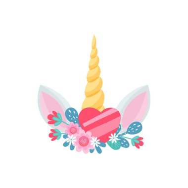 Kulakları, boynuzu ve çiçekleri olan tek boynuzlu at kafası, parlak kalp izole çizgi film ikonu. Başında çiçek açan aşkın sembolü olan sihirli bir at yavrusu. Altın eşsiz boynuz, kızların saç süslemesi.