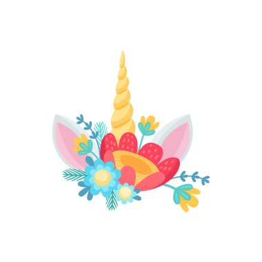 Tek boynuzlu at ya da midilli, kız saçı süsleme elementi. Vektör romantik buket, çizgi film altın boynuzu, renkli kır çiçekleri, bir çift kulak, düz çizgi film ikonu. Sihirli at eşsiz boynuz