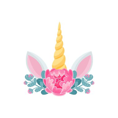 Boynuzlu, çiçekli ve kulaklı tek boynuzlu at kafası düz çizgi film ikonu. Yeşil yapraklı vektör pembe gelincikler, altın eşsiz boynuz, sihirli peri masalı tacı. Çiçek buketiyle süslenmiş sihirli at.