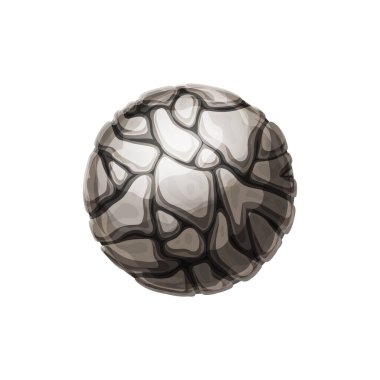 Gri taşlı kayaların fantezi gezegeni, dünyadan izole edilmiş çizgi film ikonu. Vektör yaşanabilir gezegen, kozmik küre. Derin uzay asteroidi, yaşanabilir fantezi yeri, ui oyun tasarım elementi