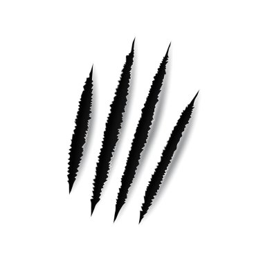 Pençe tırmığı vahşi hayvan tırnağı izleri. Vector rip tiger, bear or cat paw sherds. Kağıt dokusunda gerçekçi 3D izler, aslan, canavar ya da canavar kırığı, dört pençe izi.