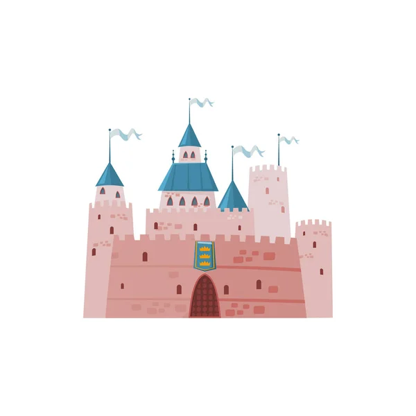 Сказочный Замок Принцессы Дворец Крепость Флагами Изолированное Розовое Здание Мультфильма — стоковый вектор