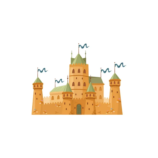 Cartoon Royal Fortress Medieval Palace Towers Gates Flag Vector Prince — Stock Vector