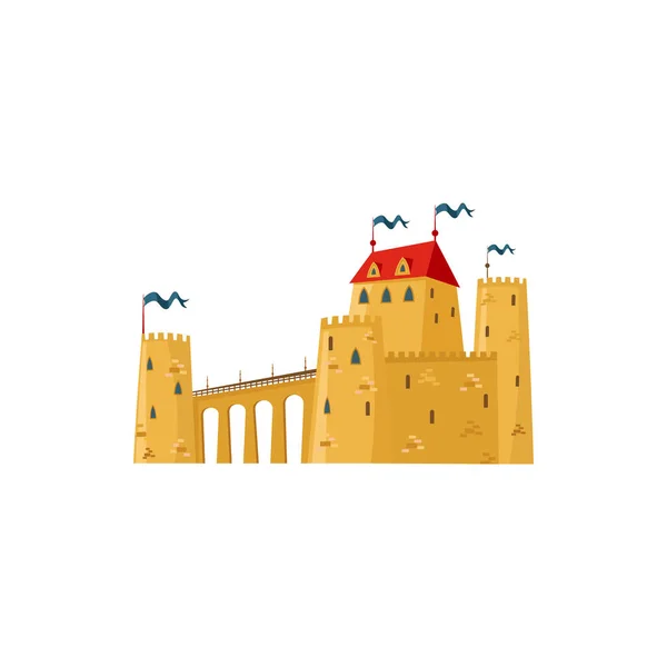 Cartoon Medieval Building Royal Kingdom Tower Bridge Fort Stone Flags — Stock Vector