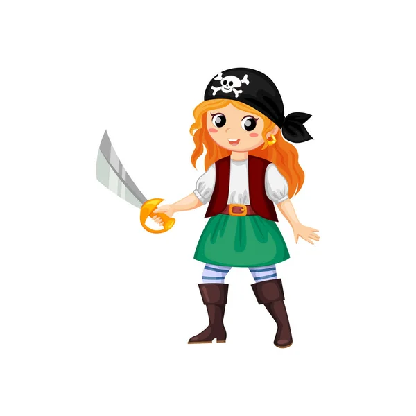 Dibujos Animados Feliz Chica Sonriente Pirata Vector Niño Corsario Traje — Vector de stock