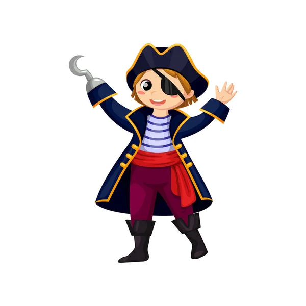 Cartoon Menino Pirata Com Gancho Mão Vetor Feliz Sorrindo Corsair —  Vetores de Stock